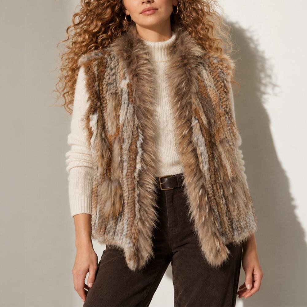 Love Token Genuine Rabbit Raccoon Fur Vest Size L